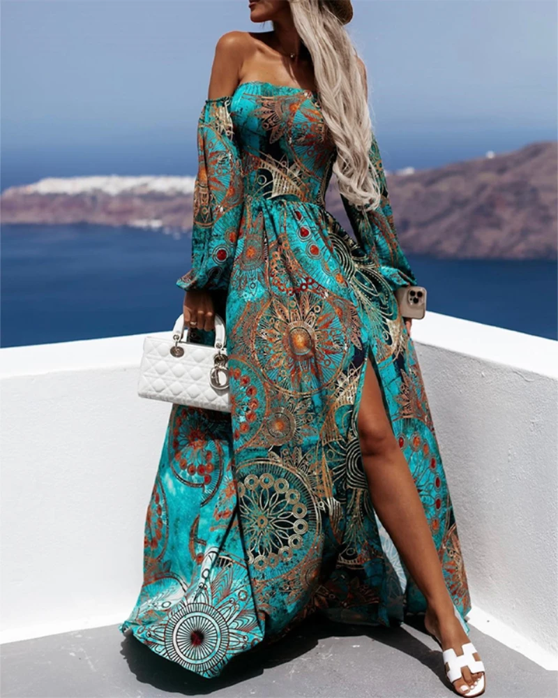 Summer Women Fashion Vacation Beach Dress Long Sleeve Loose Tribal Print Off Shoulder Corset Slit Holiday Maxi Dresses 2022 New