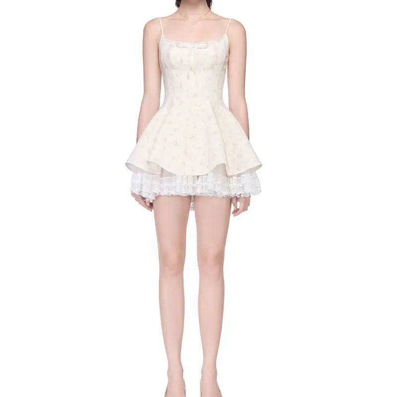 Sweet square neck lace bow floral suspender skirt waist thin puffy skirt pure ballet dress