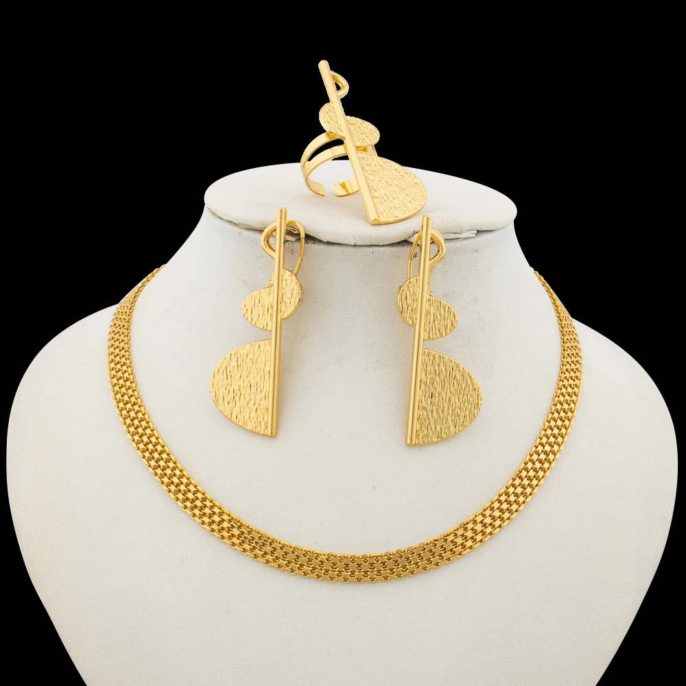 

Trend Gold Color Jewelry Set for Party African Drop Earrings Adjustable Ring 2Pcs Set for Engagement Jewelry Accessories