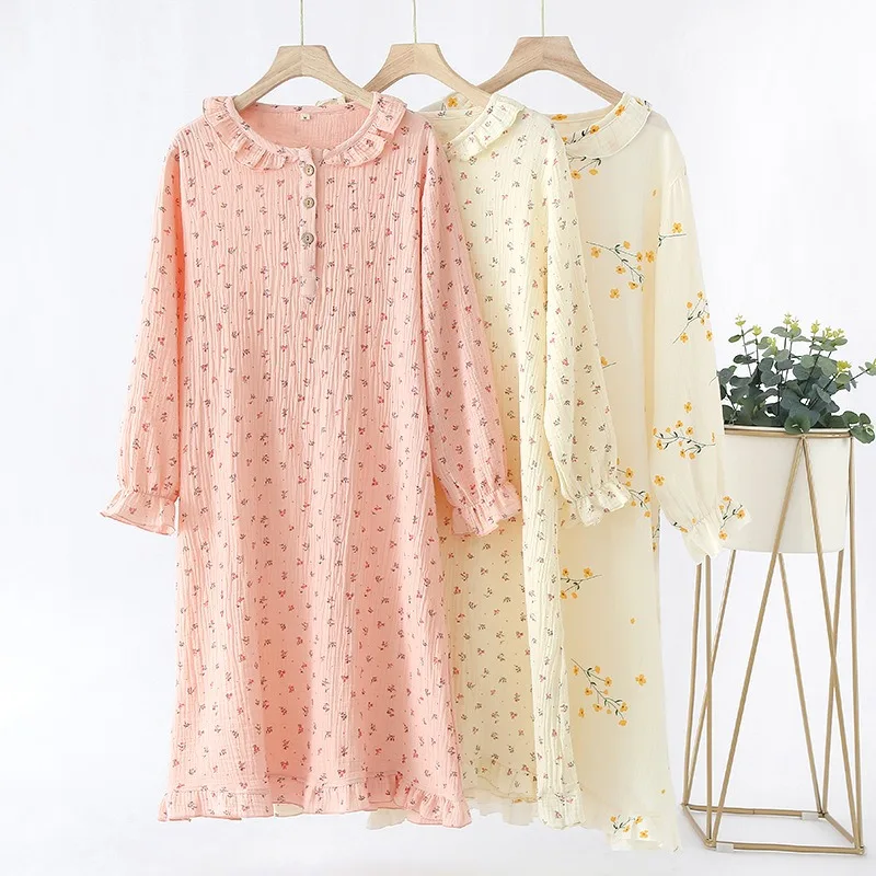 New Spring Summer Long Sleeve Nightdress Women Lace Floral Printed Nightgown Japanese Style Thin Bathrobe Pajamas Nightwear