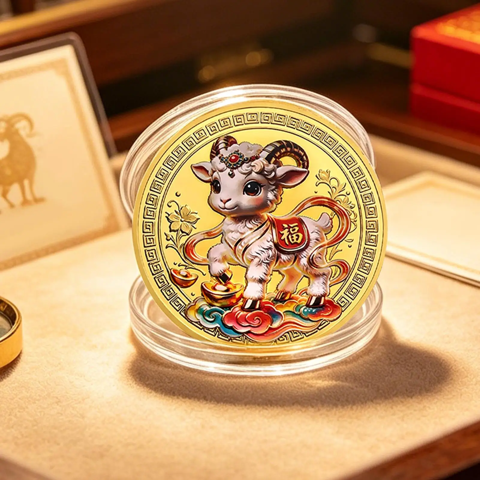 2026 Year of the Sheep Coin Gold Traditional Auspicious Collectibles Chinese New Year Sheep Decor for Cars Shop Windows Home