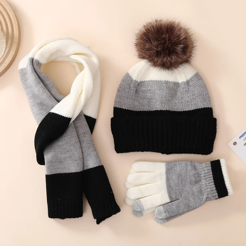 

N80C 3-piece/set Kids Winter Knitted Beanie Hat Scarf Gloves Set Warm Soft Thick Fleece Lining for Girls Boys 8-15 Years