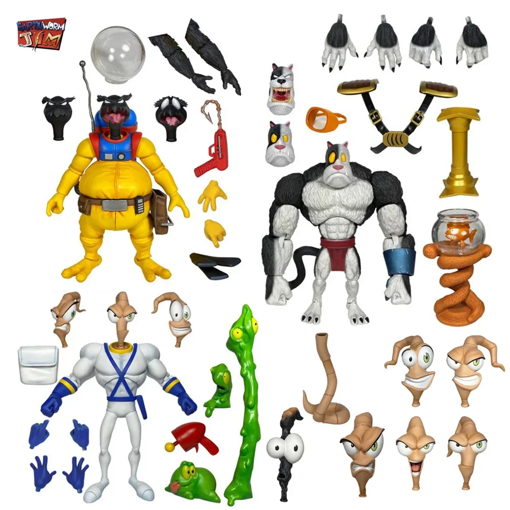 

Earthworm Jim Action Figure Collection Snot Worm Body Jim Heads Bob The Killer Goldfish and #4 Professor Monkey PSY-CROW Toy