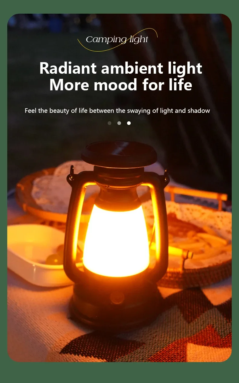 2Colors in 1 Dimming Portable Camping kerosene Lantern Shape USB Rechargeable Solar Charge Hanging Tent Lamp for Hiking Picnic