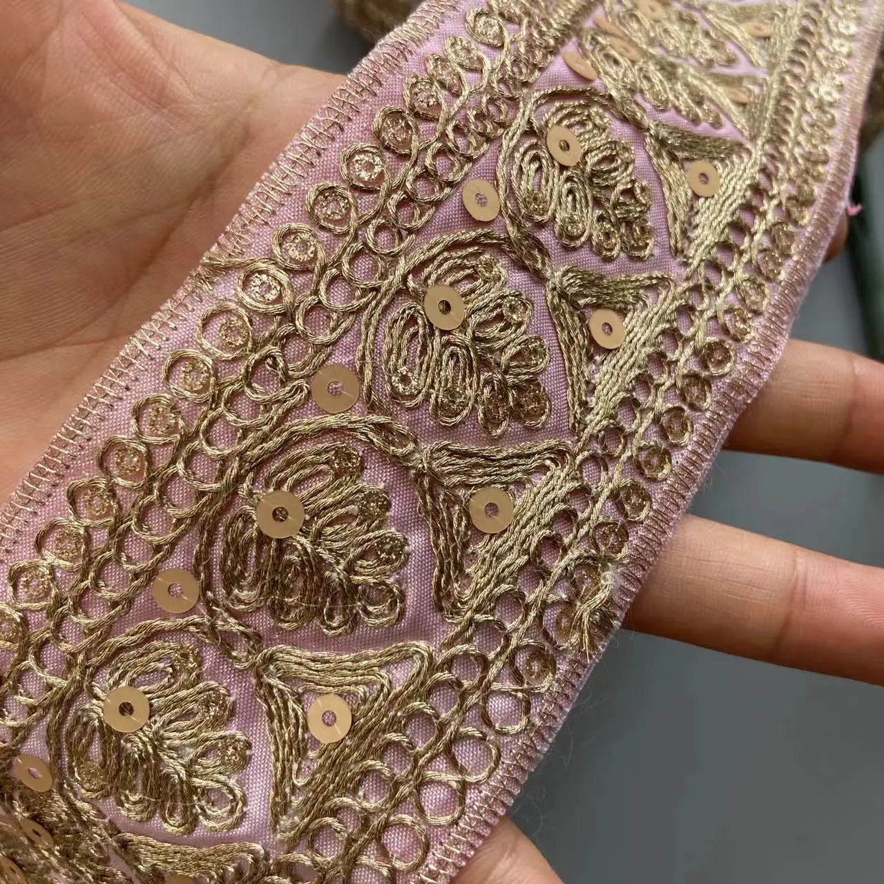 1 Yard Pink Gold Thread Lace Fabric Trim Ethnic Style Clothing Sequins Embroidered For Curtain Shoes Jacquard Ribbon Accessories
