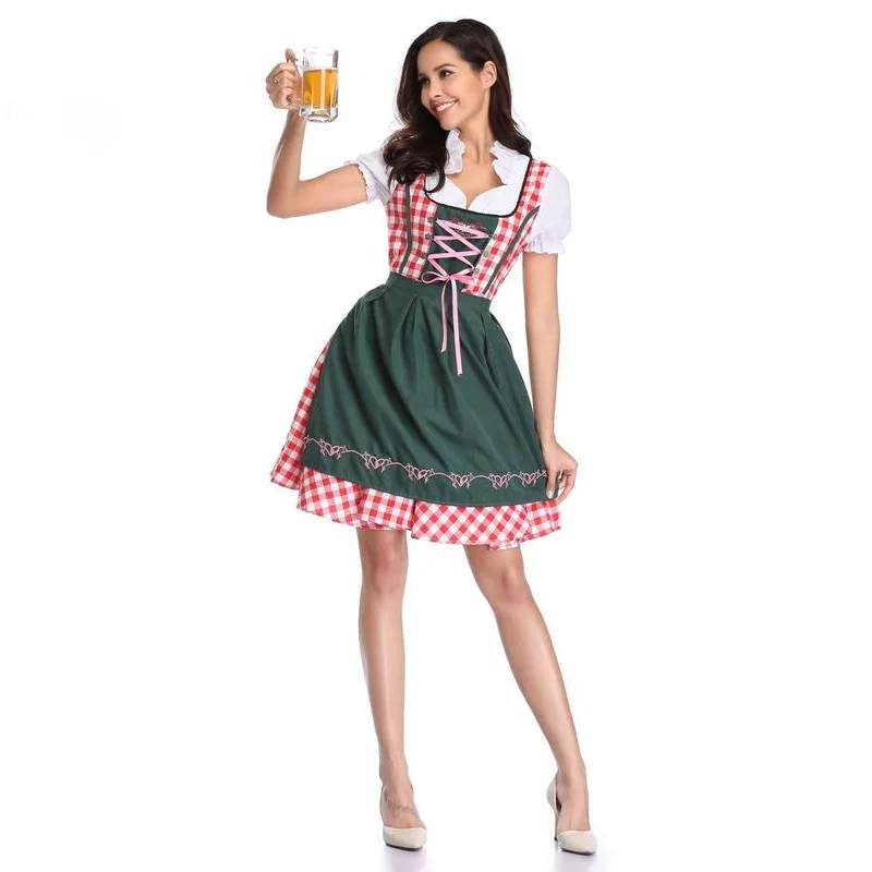 

Oktoberfest Traditional Costume Halloween Cosplay Costume Mascot Festival Party Clothes Red Plaid Dress Maid Uniform