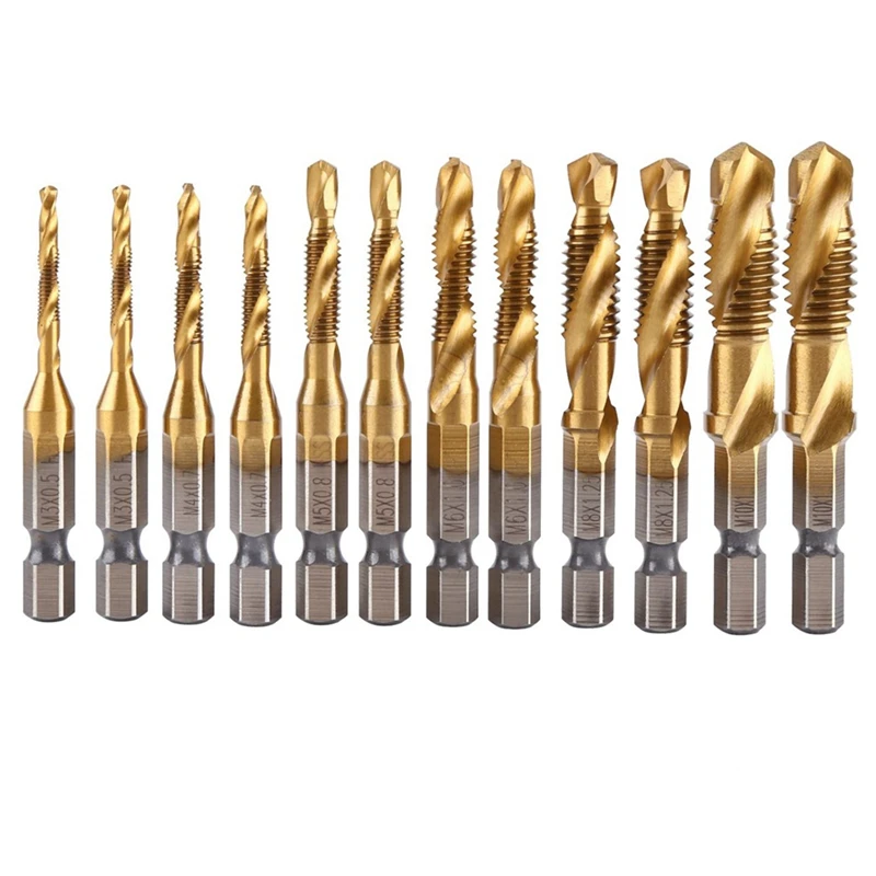 12Pcs Tap Drill Bit Set Hex Handle Titanium Plated HSS Screw Thread Bit Screw Machine Compound Tap For Metal Steel Wood