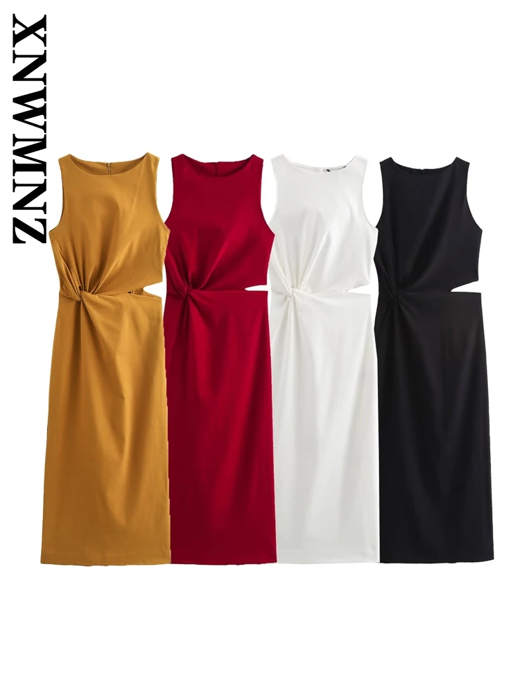 XNWMNZ 2024 New Summer Woman's Casual Ruffles Sleeveless Solid Color Dresses Maxi Skirt Female Fashion zipper O-Collar Dress Top