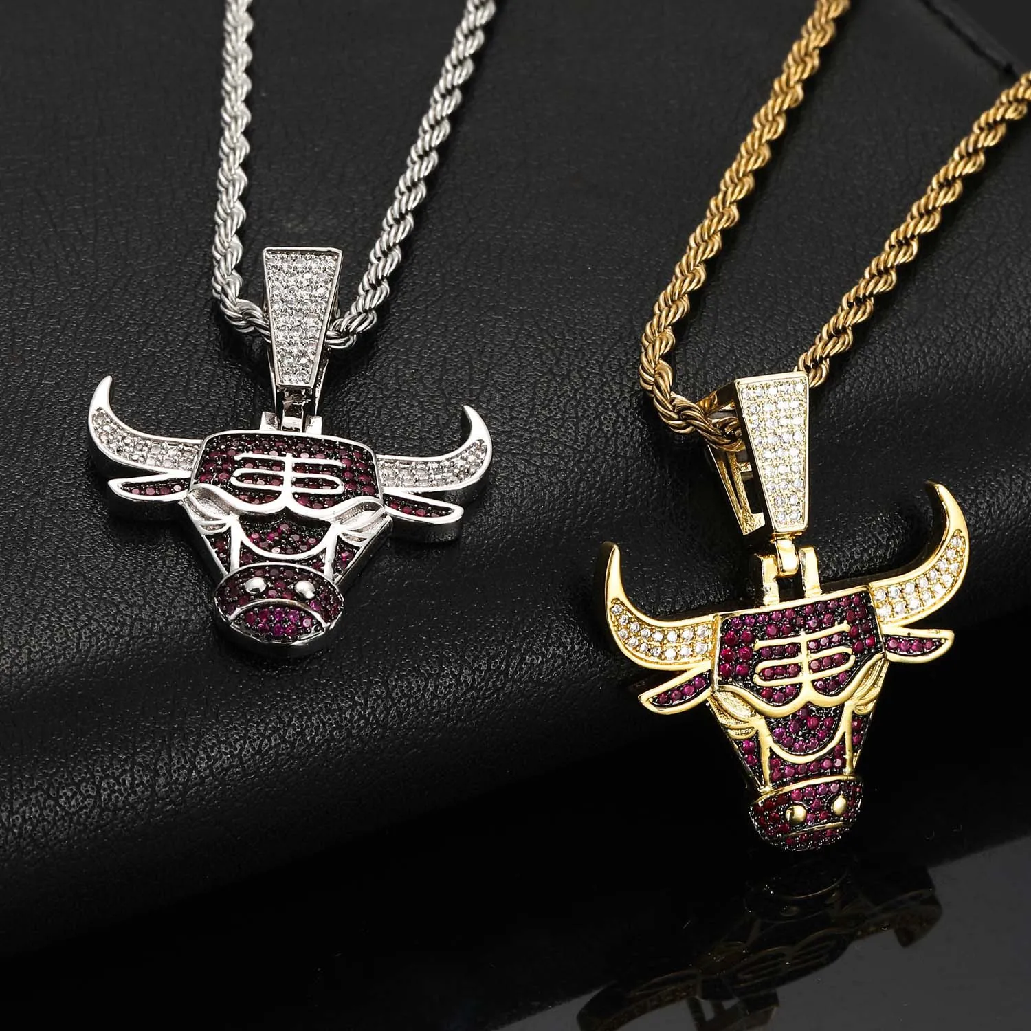 Fashion Animal Bull Head Pendant Necklace For Men Hiphop Iced Out Bling Micro Paved CZ Necklace Punk Rock Biker Jewelry