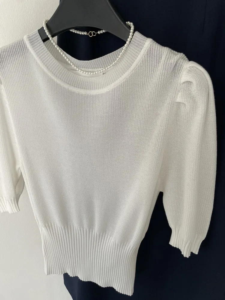 グリーンアイスシルクニット半袖Tシャツ レディース 薄手 夏 ユニーク エレガント パフスリーブ ミドル丈トップス おしゃれ カジュアルウェア