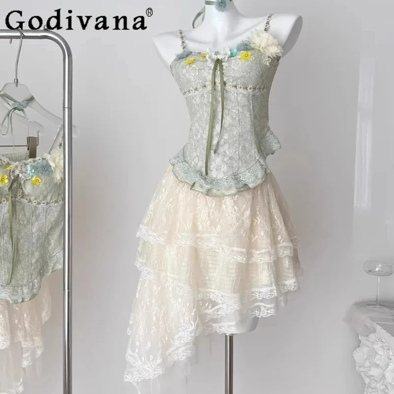 

CyGirls Симпатичные костюмы в стиле Лолиты Женская кружевная юбка с эластичной резинкой на талии 3D Цветы Декор Высокая талия Топы-комбинации Японский сладкий комплект из 2 предметов