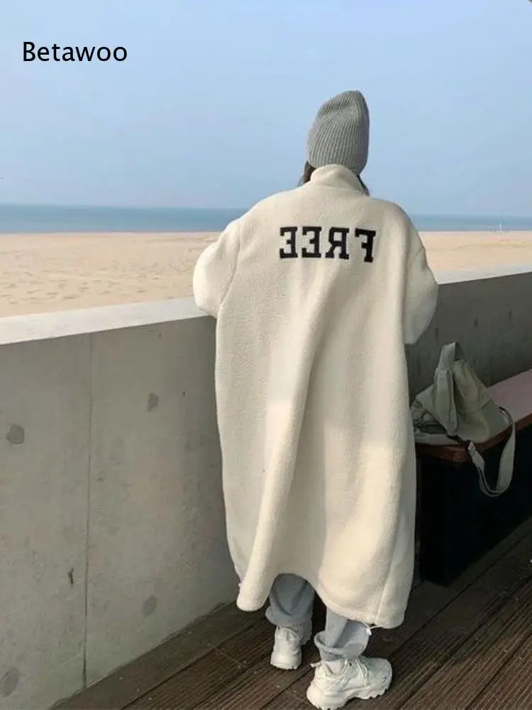 Women Stand Collar Long Fleece Coat Button Front Oversized Loose Back Letter Print Warm Maxi Fleece Outerwear
