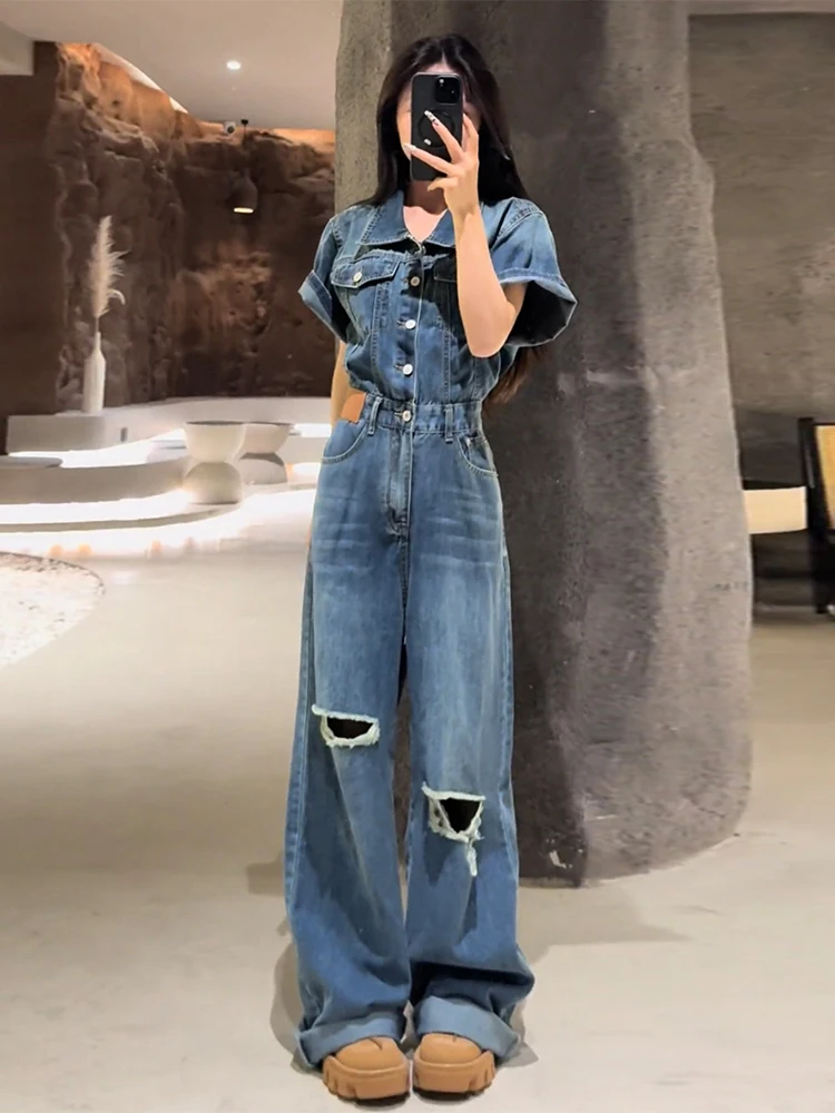 Women Summer New Retro Lapel Collar Casual Jumpsuit American Style Ripped High Waist Slimming Temperament Denim Jumpsuit