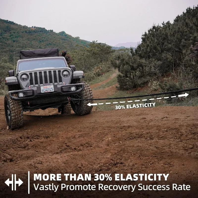 Tali Pemulihan Kinetik (48000Lbs 1in x 30ft) + 2 Buah Belenggu Lembut Sintetis, Tali Perebut Energi Elastisitas 30% Tugas Ekstrim untuk 4 orang