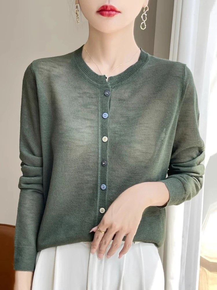 

Single Breasted Colorful Button Top 2026 Spring Summer Thin Ice Silk Knit Women's Cardigan O-Neck Long Sleeve Loose Knitted Coat