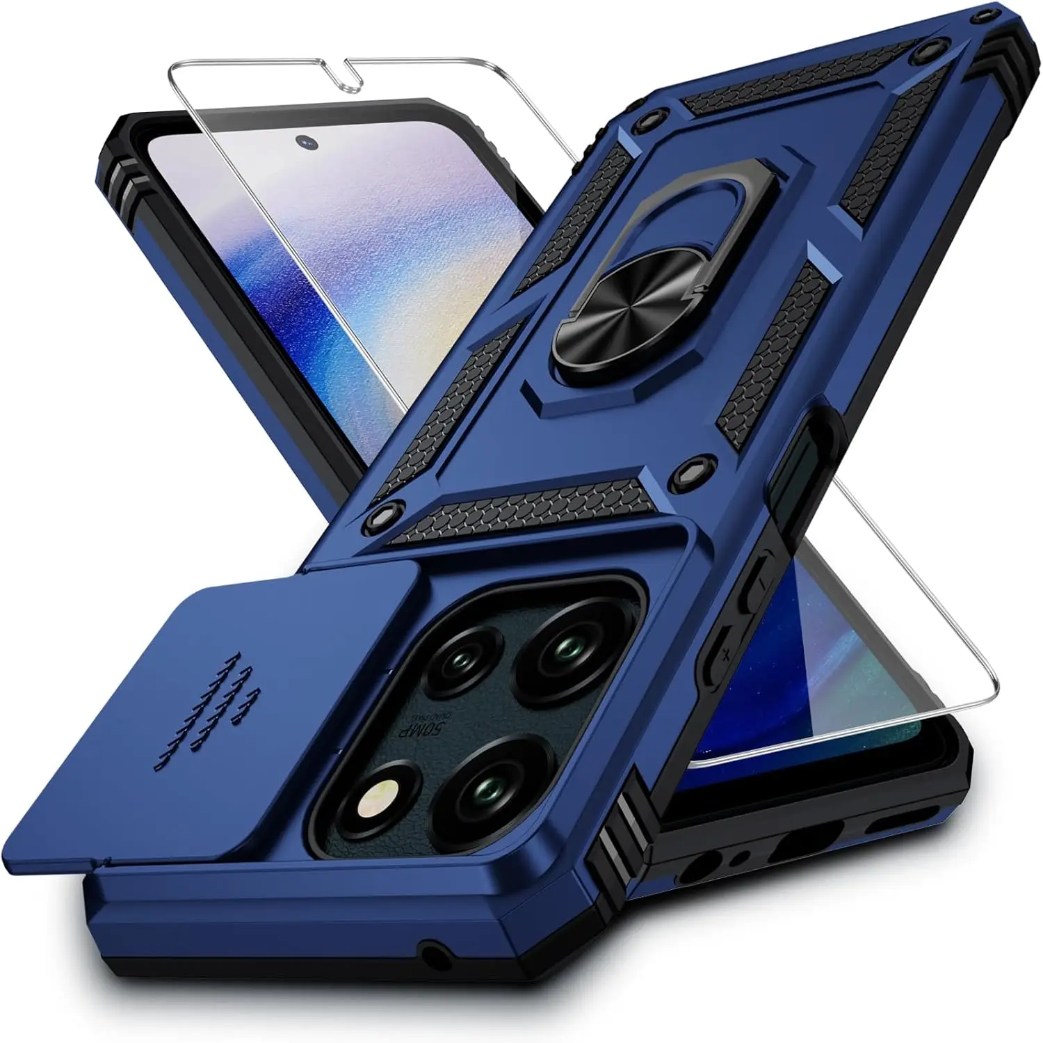 

Moto G 2025 Case with Camera Cover, HD Screen Protector, Military Drop Protection, Magnetic Kickstand - Navy Blue