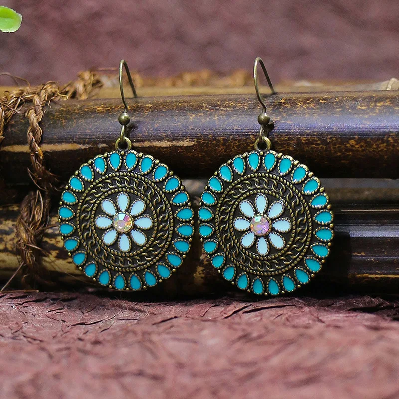 Colorful Ethnic Vintage Round Geometric Flower Drop Dangle Earrings For Women Crystal Enamel Ornament Bohemian Wedding Jewelry