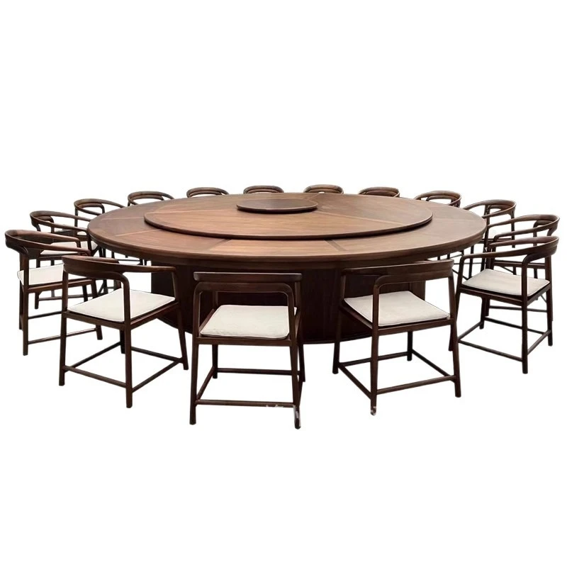 

New Chinese-style all-solid wood round dining table and chair combination restaurant box household light luxury with wooden turn