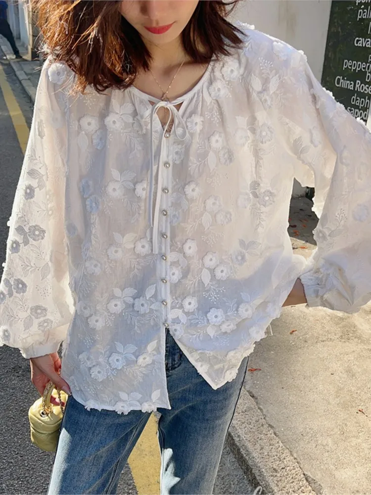 Embroidery White Shirt For Women 2023 Autumn New Elegant Chic Long Sleeve Oversized Blouses Office Ladies Button Up Casual Tops