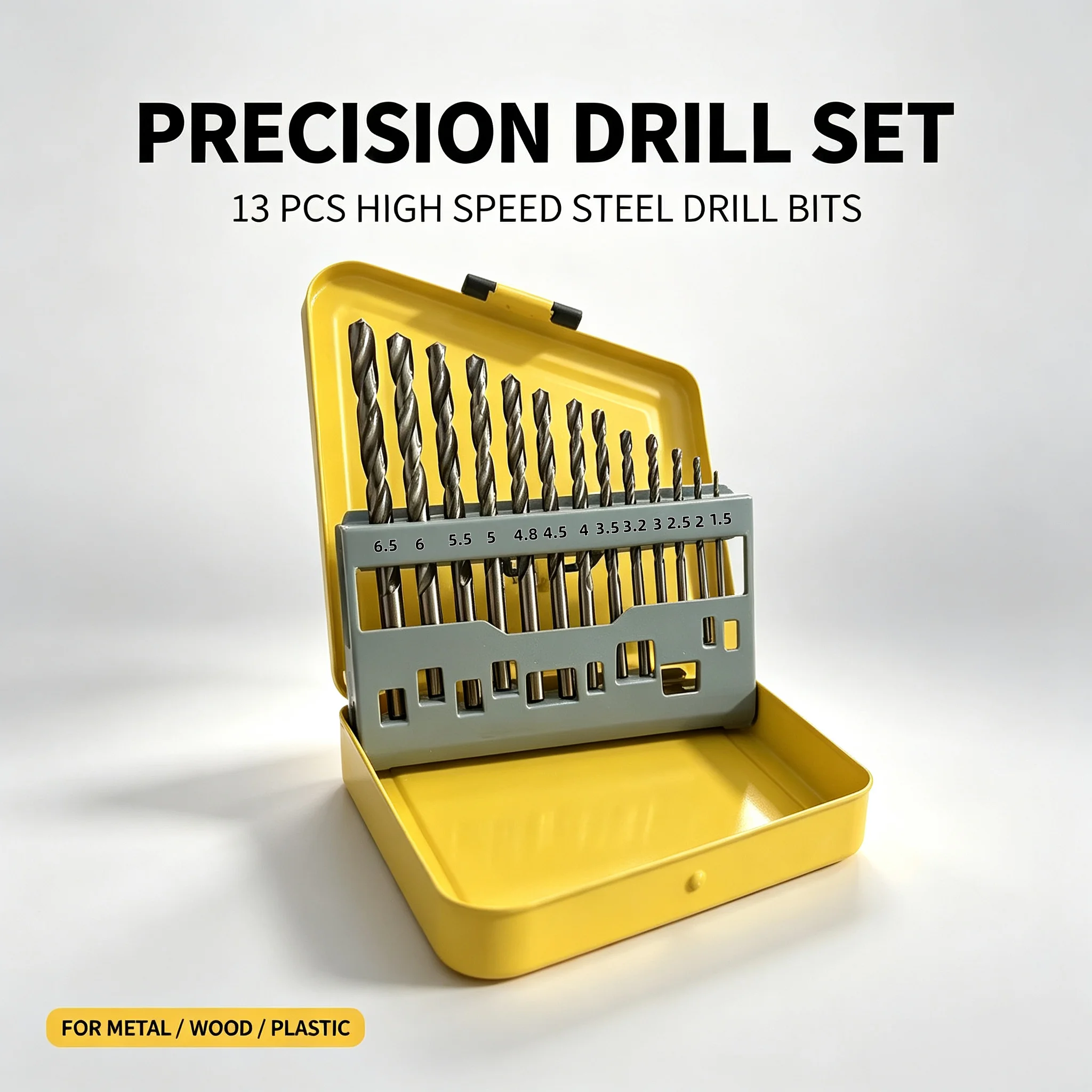 13PCS HSS Twist Drill Bit Set 1.5-6.5mm with Metal Case, 135° Split Point for Metal Wood Plastic DIY Drilling Tools