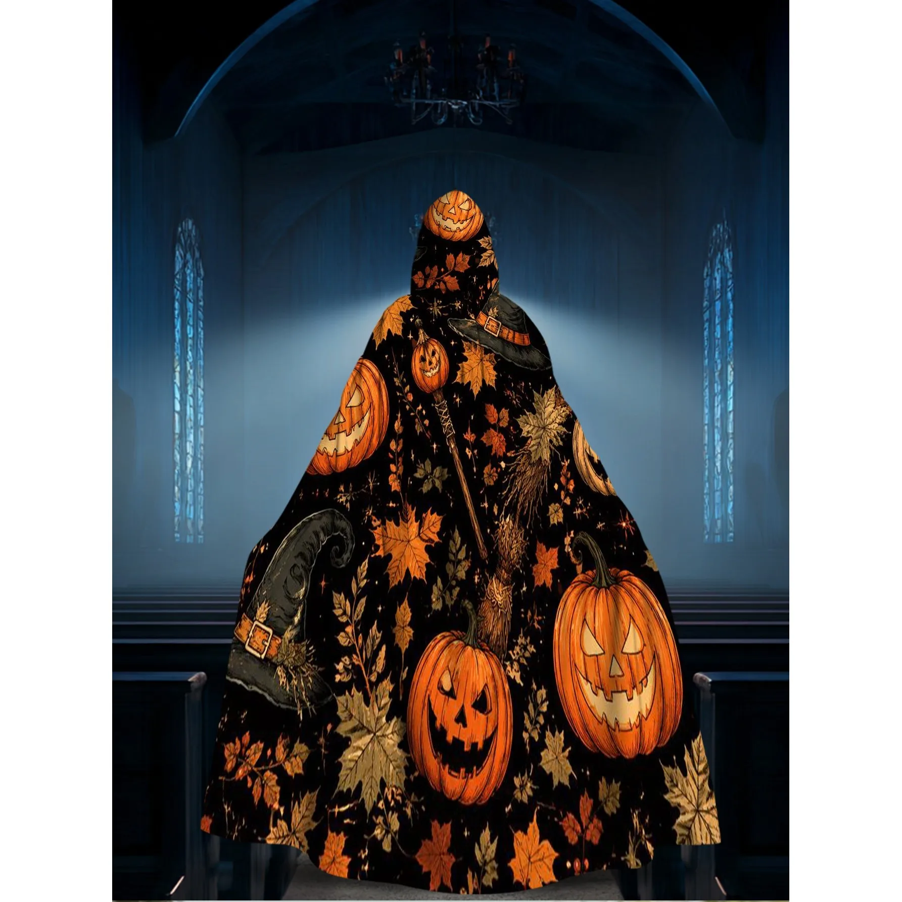 Halloween Pumpkins Witch Hats Hooded Cloak Retro Wizard Sorcerer Robe for Halloween Party Cosplay