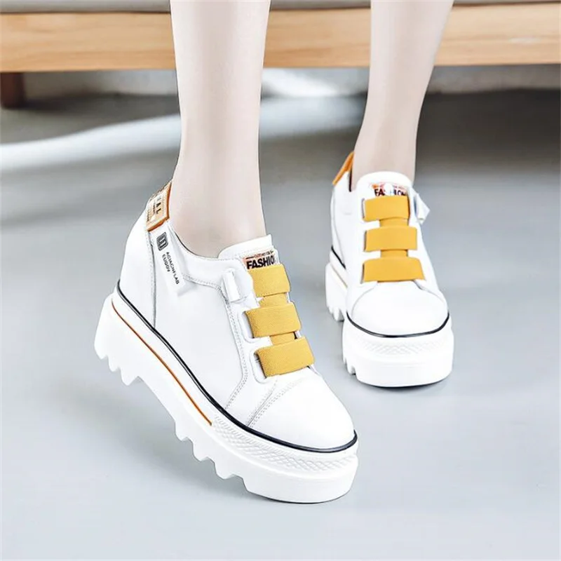 Women Platform 9cm Mesh Leather White Sneakers Shoes New White Wedge Vulcanize Shoes Hidden Heel Breathable Female Casual Shoes