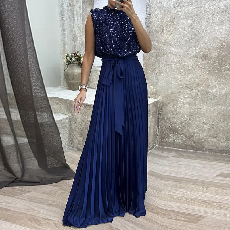 

Casual Sleeveless Glitter Patchwork Maxi Dress Elegant Crew Neck Backless Party Dress Women Sexy Sequins Lace-up Evening Dress