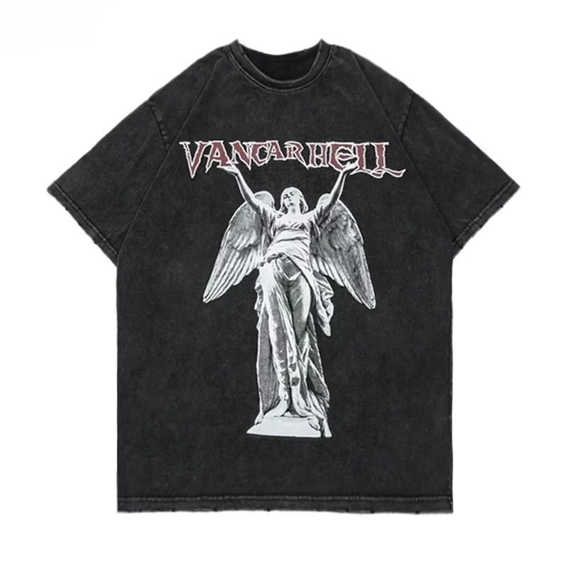 

2025 New Summer Washed Heavy Metal Band, Street Style Angel Print Men's and Women's Short Sleeve T-Shirts, Hiphop Short Sleeves