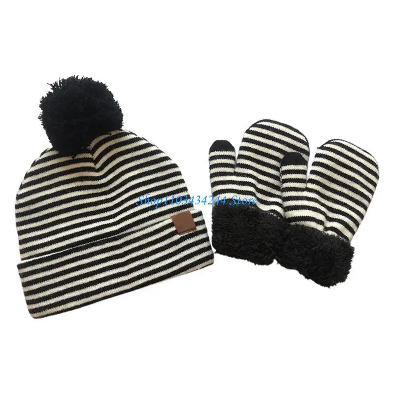 2pcs Infant Baby Striped Wool Beanie Hat Gloves Mittens Set Fake Ball Pom Pom Cap Warm Winter for 3-8 Years Old