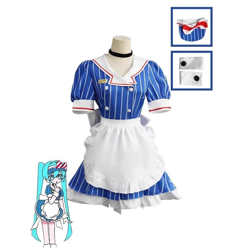 

Мику костюмы для косплея аниме униформа-измельчитель женское полосатое платье горничной шляпа фартук костюм Хэллоуин женское карнавальное вечернее платье