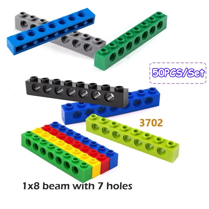 

50PCS MOC 3702 Technology Building Blocks Parts 1x8 Beam with 7 Holes Perforated Assembly DIY Toy Bricks Replacement Accessories