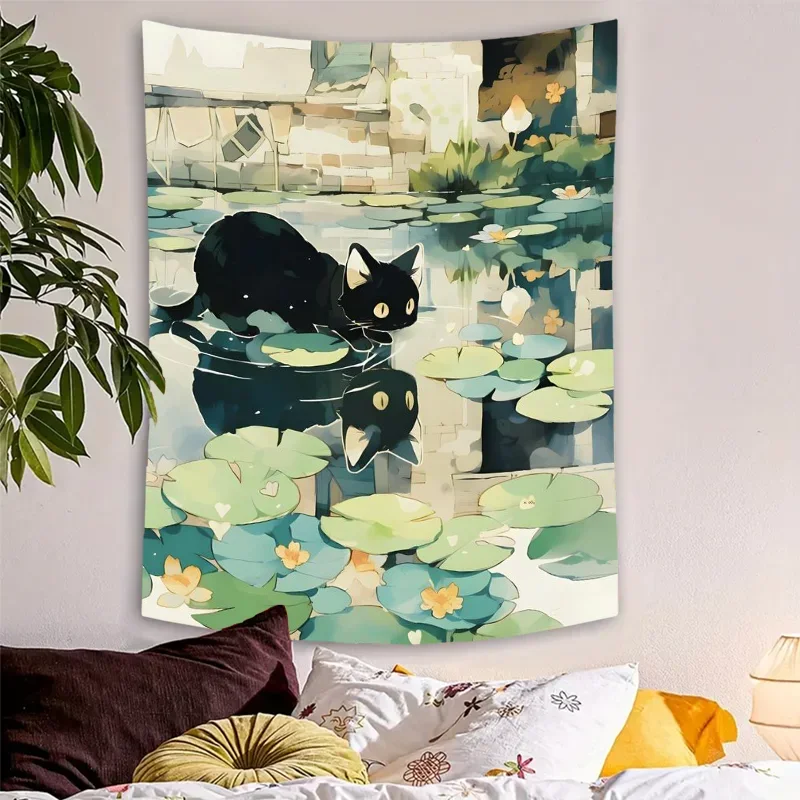 Black Cat and Lotus Tapestry Wall Hanging Polyester Fiber Room Decor for Living Room Dorm Decorative Art with Free