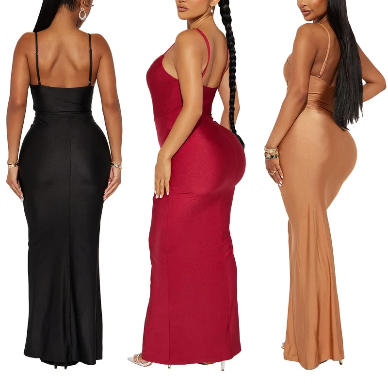 

New Autumn and Winter Women's Sexy V-neck Camisole Pleated Long Dress Women's Fishtail Skirt Irregular Skirt