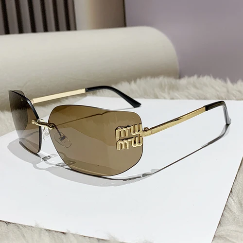 1 gafas de sol clásicas para mujer, gafas de sol sin montura de lujo de Metal Funky para mujer, remaches de diseñador de marca, tonos curvos degradados rectangulares