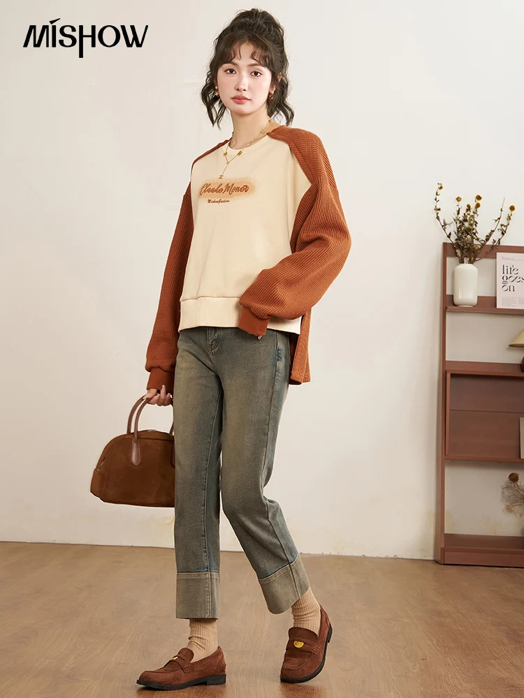 MISHOW Letter Print Corduroy Oversized Sweatshirt Autumn Winter O-Neck Long Sleeve Contrast Color Pullover Tops MXC54V0047