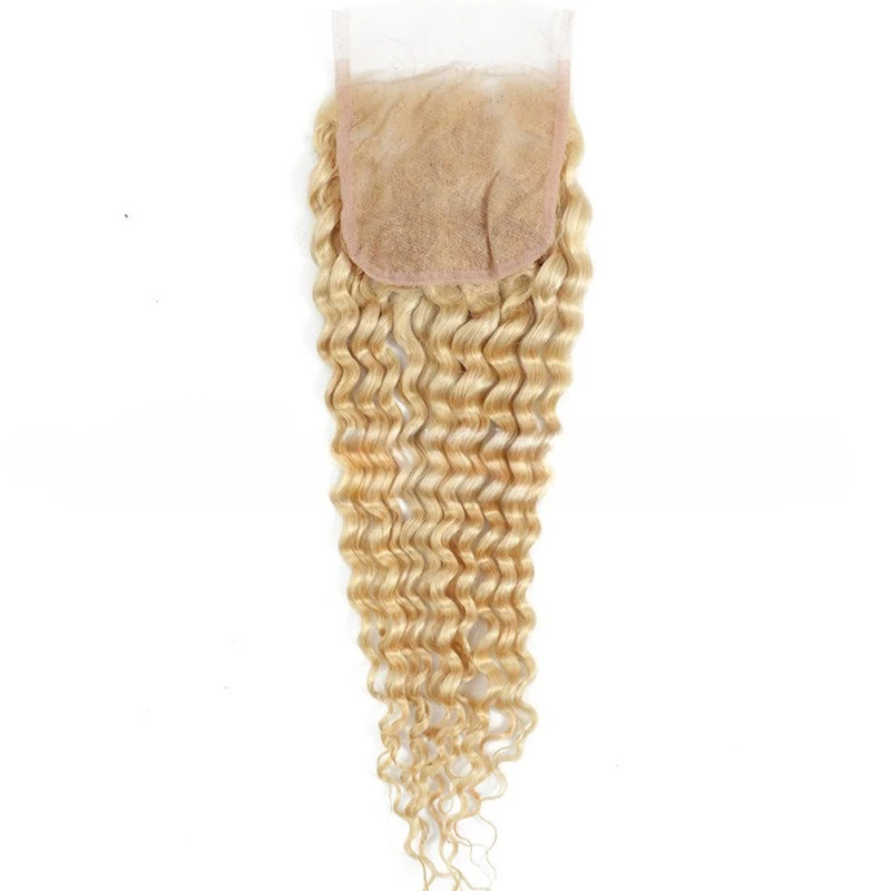 613 Deep Wave 4x4 Human Hair Blonde Closure Pre Plucked Brazilian Remy 4x4 Deep Wave Curly Human Hair Lace Closure