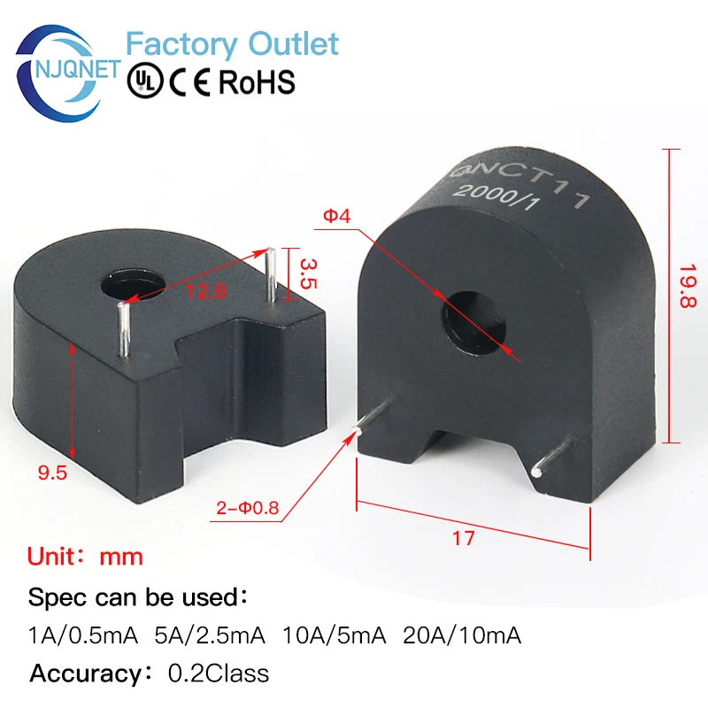 Precision Current Transformer Small CT QNCT11 5A 2.5mA 2000:1 5mA 1000 1 PCB Mount Current Transformer Sensor