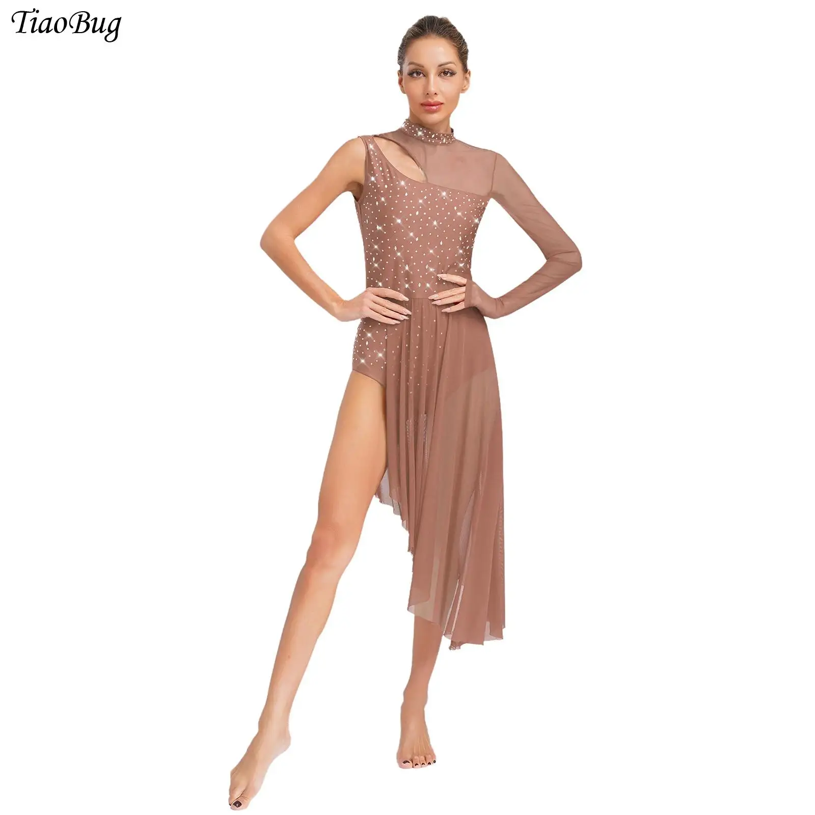 

Women Shiny Rhinestone Asymmetrical Lyrical Dance Dress Mock Neck Cutout Sheer Mesh Patchwork Side Split Leotard Dress Dancewear