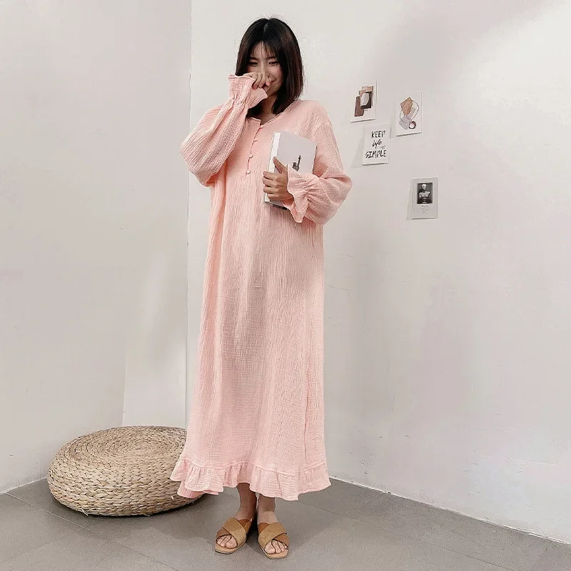 Robe de Nuit Décontractée en Gaze de 100% Coton pour Femme, Pyjama Harajuku Imprimé Doux et Solide, Vêtement de Maison Long Maxi, Automne et Hiver