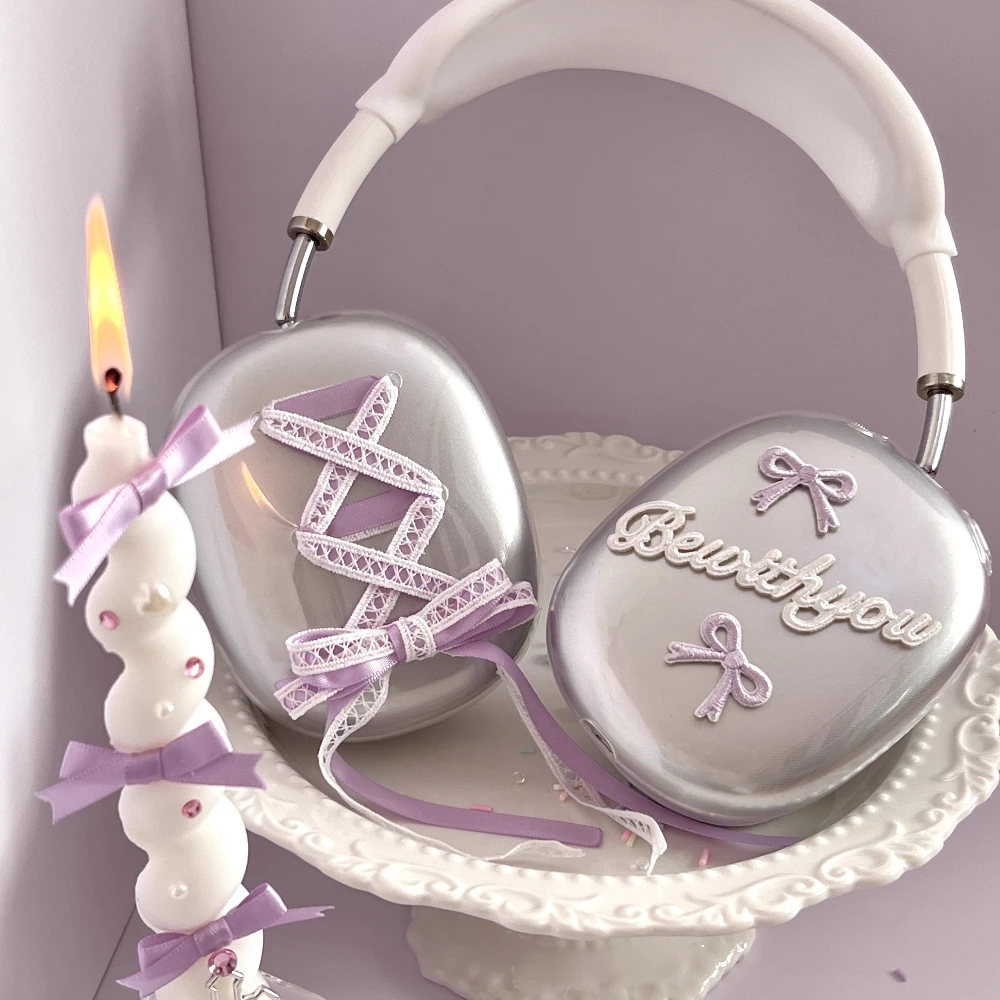 

AirpodsMax2 фиолетовый чехол для наушников с бантом и лентой, силиконовый прозрачный чехол из ТПУ с повязкой на голову, чехол для Airpod Max, роскошный подарок