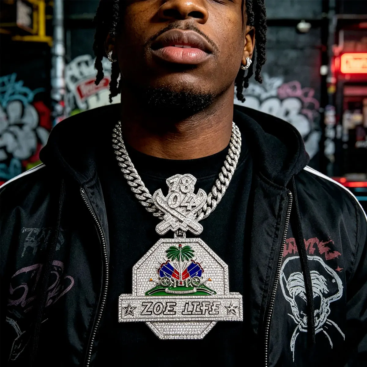 3D Cross Double Sword Combination Diamond Medal Letter Pendant Necklace Coconut Tree Jewelry Hip Hop Street Trend Best Gift for