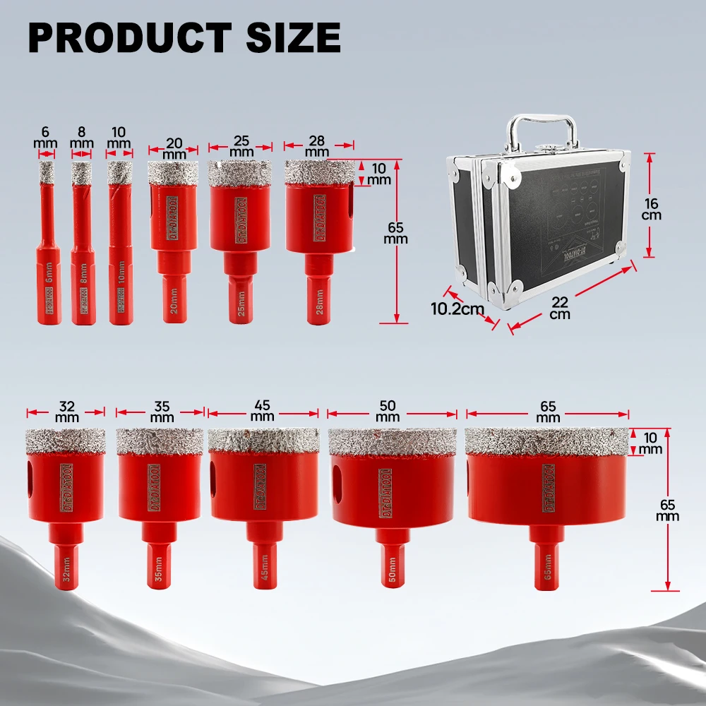 

DT-DIATOOL Diamond Drill Bits Kit Triangle Shank Hole Saw for Marble Granite Porcelain Tile 11pcs set Hole Saw Drill Core Bit