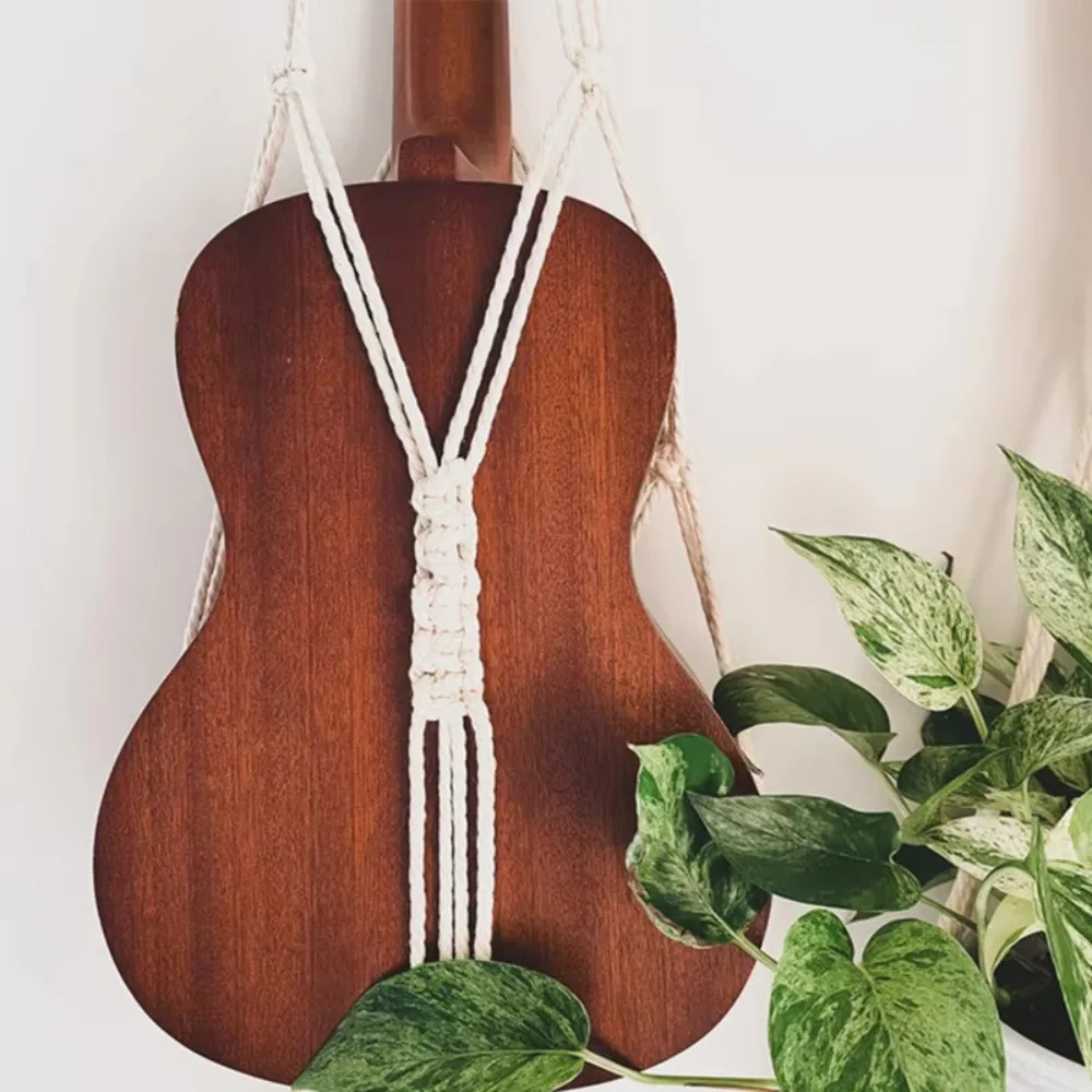 Bohemian Woven Guitar Wall Hanging Net White Cotton Linen Flower Pot Mesh Bag Stable Design Ukulele Hanger Wall Decor