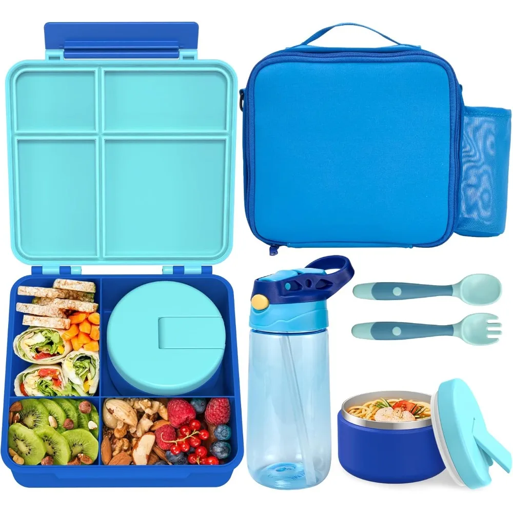 

Kids Bento Lunch Box with 8oz Soup Thermo, Water Bottle, Kids Leakproof Lunch Food Containers with 4 Compartment, Insulated Hot
