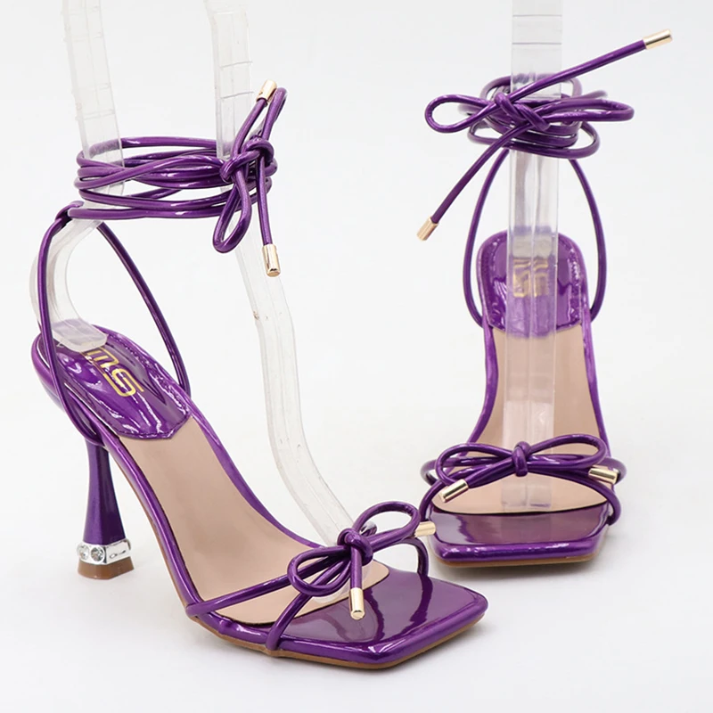 Sexy 9cm Strappy High Heels Women Summer Bow Tie Sandals Purple Stripper Heels Lace Up Gladiator Sandals Prom Shoes Plus Size 42