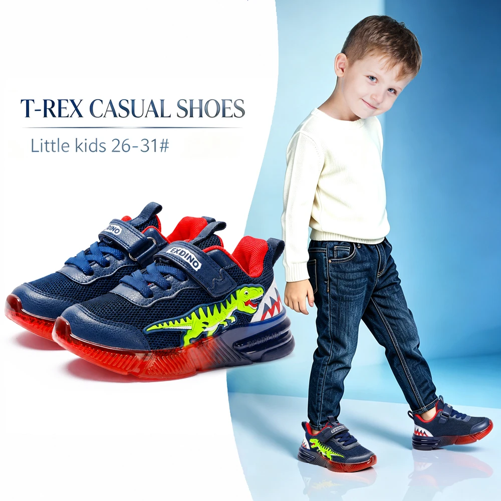 EXDINO Toddler Kids Shoes Dinosaur LED Light Up Mesh Breathable Flashing for Boys Non-slip Soft Lining Children Sports Sneakers