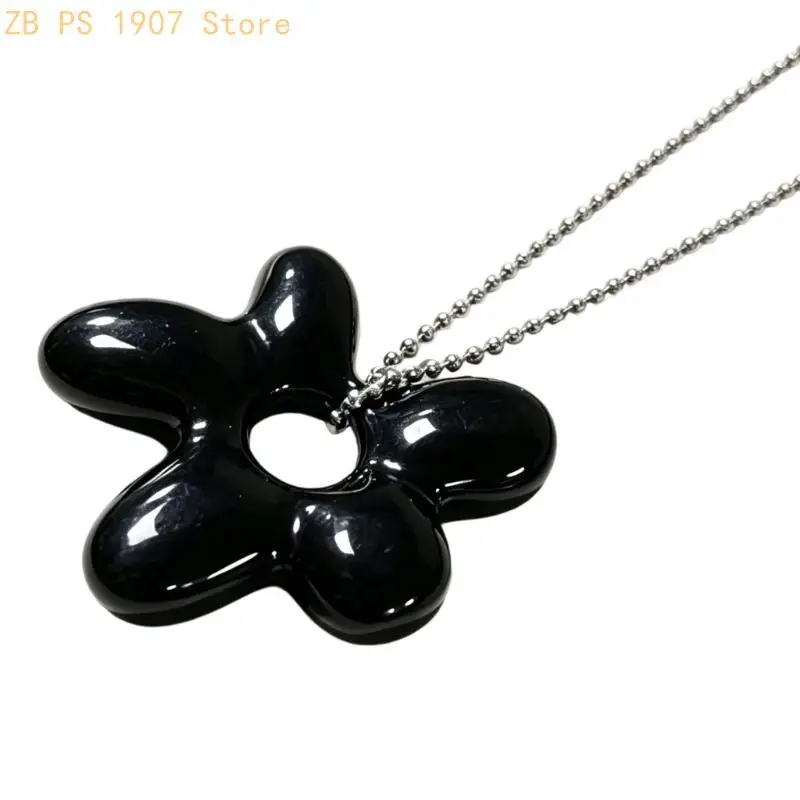 Bead Chain Flower Pendant Necklace with Glossy Translucent Charm and Open Floral Center for Casual Outfit Matching 55KA