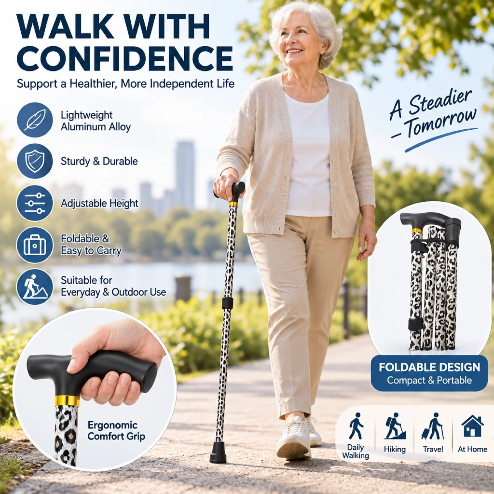 Trekking Poles Foldable Anti Shock Lightweight Walking Sticks Metal Cane for Elderly Old Man Camping Trekking Mountaining Hiking