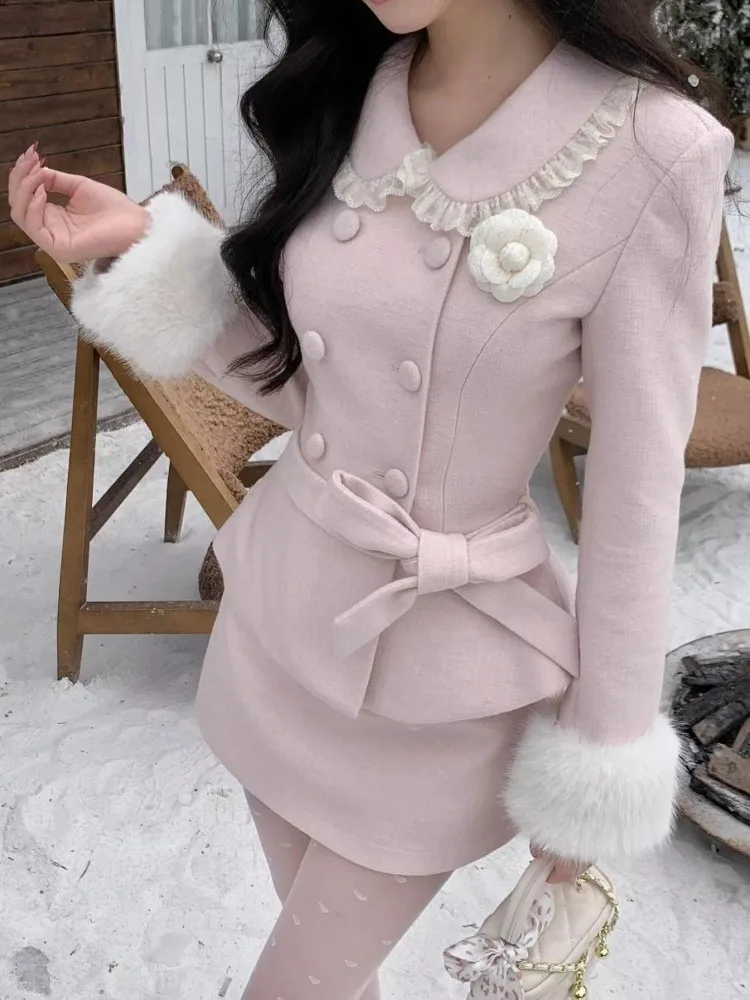 

French Elegant Sweet Two Piece Set Women Lace Patchwork Slim Button Tops + Y2K Mini Skirt Harajuku Fashion Skirt Sets Chic New