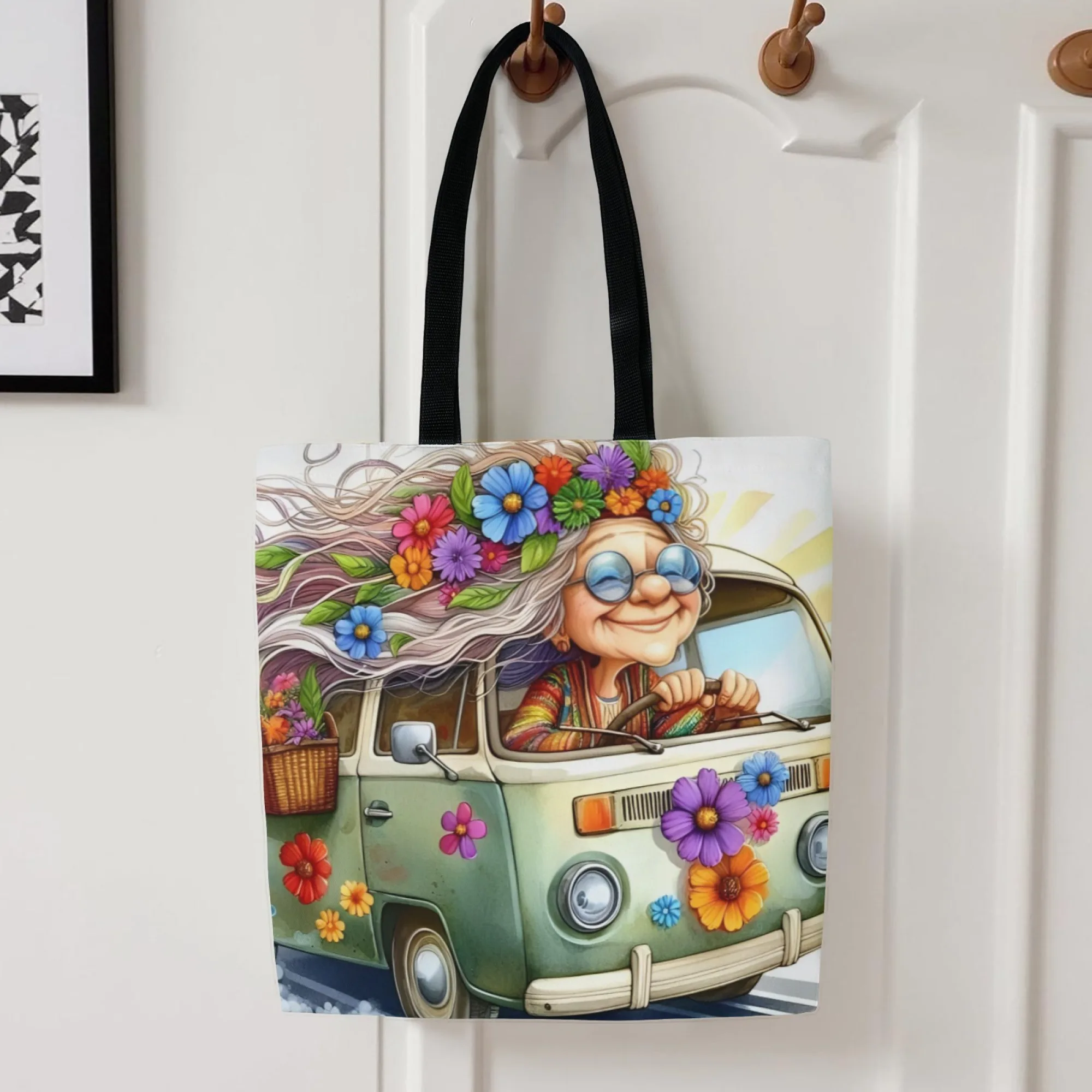 1 Pc Vintage Hippie Grandma Tote Bag Spacious & Durable Fashionable Women Foldable Ideal Gift for Family Friends Hippie Decor image 3